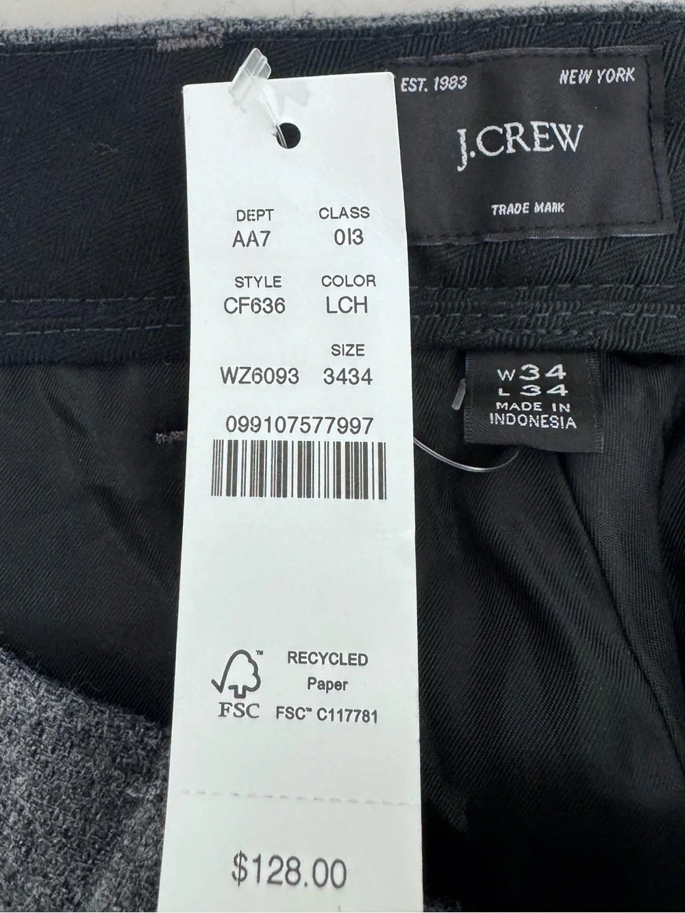 NWT J.Crew Classic Creased Trouser Pant Wool Grey Men Size 34
